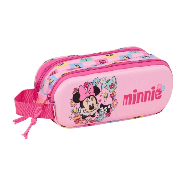 Safta Minnie Mouse Portatodo 3D - 2 Compartimentos con Cremallera - Asa Lateral - Capacidad 1L - 21x8x6cm - Color Rosa