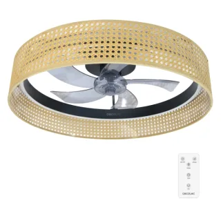 Cecotec EnergySilence LampAero 600 Beige Design Ventilador de Techo con 5 Aspas y Luz - 20W - Tulipa de Mimbre - 3 Tonos LED - Temporizador - 6 Velocidades - Modo Invierno - Color Madera Cla