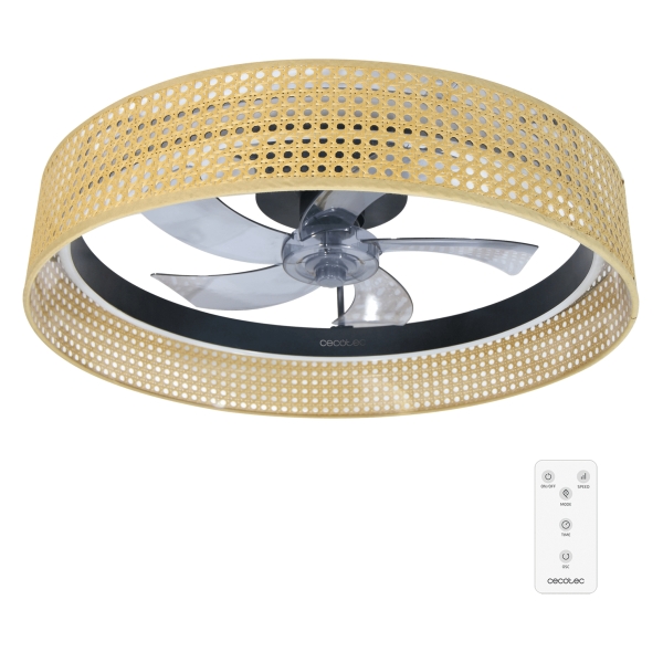 Cecotec EnergySilence LampAero 600 Beige Design Ventilador de Techo con 5 Aspas y Luz - 20W - Tulipa de Mimbre - 3 Tonos LED - Temporizador - 6 Velocidades - Modo Invierno - Color Madera Claro