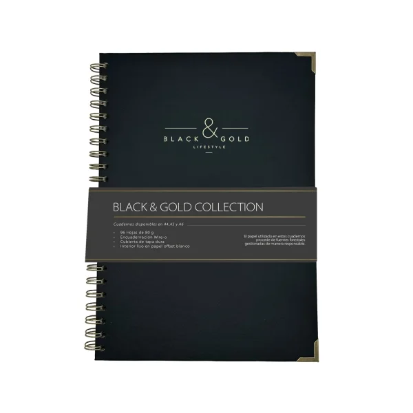 Dohe Black & Gold Cuaderno de Espiral Metalica Wire-O A4 - 96 Hojas Lisas de 80g - Tapa Dura en Carton Forrado con Polipiel - Cantoneras Metalicas Doradas - Color Negro