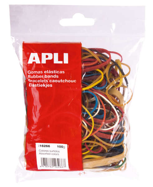 Apli Pack de Gomas Elasticas con Medidas y Colores Surtidos - Contenido 100g - Gran Elasticidad y Resistencia - 70% Caucho Natural