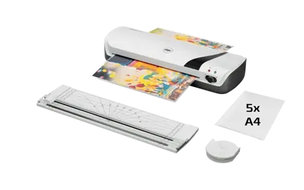 GBC Inspire+ A4 Set de Plastificadora + Recortadora de Esquinas + Cizalla + Paquete de 5 Bolsas de Plastificacion A4 - Hasta Tamaño A4 - Velocidad 250mm/min - Calentamiento en 4 Minutos - Ajuste Adicional Frio - Grueso Bolsa 75 y 125mic - Color Blanco