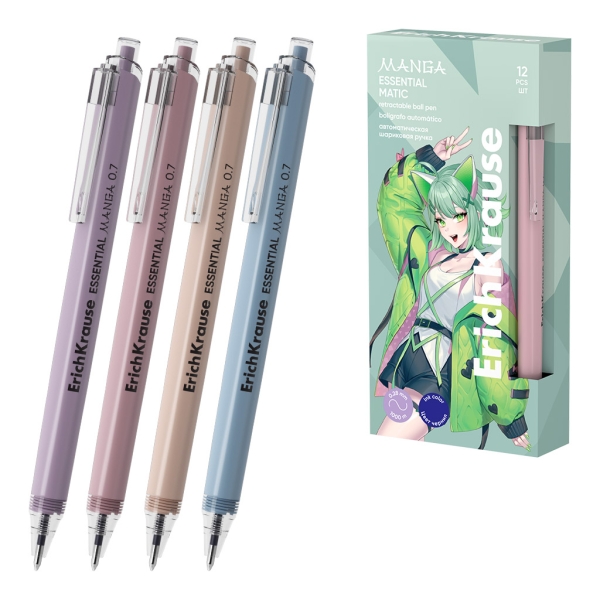 ErichKrause Essential Matic Manga Boligrafo Retractil - Modelos Surtidos - Trazo 0.28mm - Color Azul · Pack de 12 uds.
