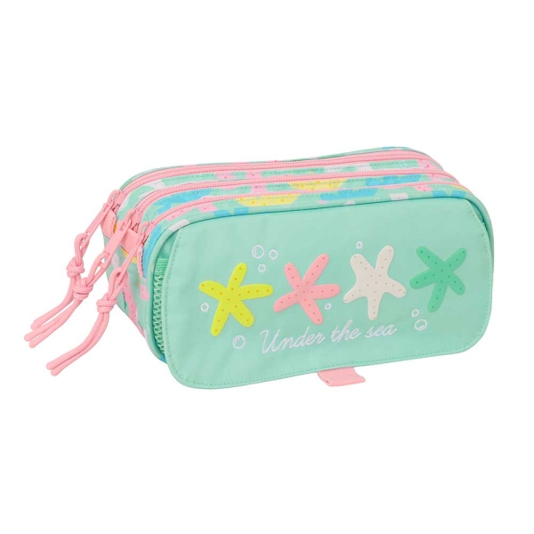 Safta Estrellas Portatodo - 3 Compartimentos con Cremallera - Cinta Trasera Adaptable - Bolsillo Frontal de Rejilla con Velcro - 21.5x10x8cm - Color Verde