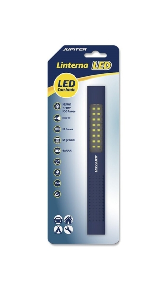 Jupiter Linterna de Trabajo de Barra Multiled 100lm - Con Iman - Resistencia IP44 - Funciona con 4 Pilas AAA (No Incluidas) - Color Azul