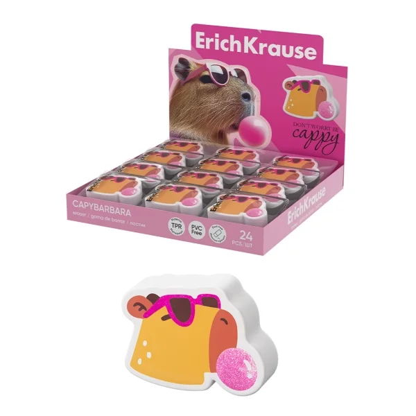 ErichKrause CapyBarbara Expositor con 24 Gomas de Borrar - Caucho Termoplastico - Borrado Suave - No Deja Residuos - No Rasga el Papel - Libre de PVC - Color Varios