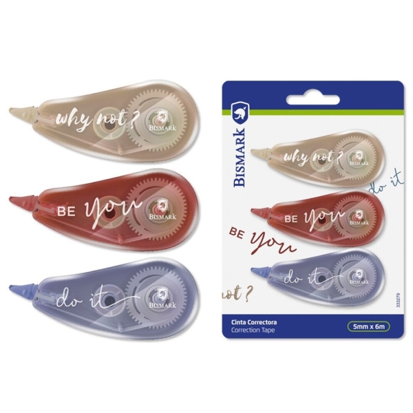 Bismark Be You Pack de 3 Cintas Correctoras 5mmx6m - Perfecta Adherencia al Papel - Presentacion en Blister - Cuerpo de Suaves Colores Morandi · Pack de 12 uds.