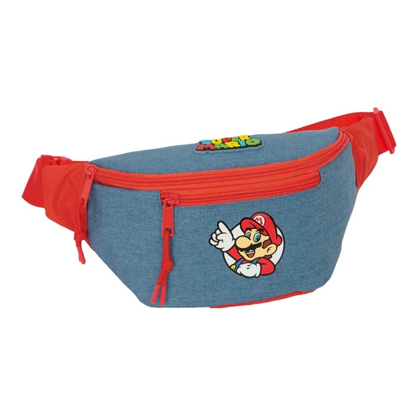 Safta Super Mario Bolsa de Cintura - Cremallera - Cintas Ajustables - Cierre de PVC - Bolsillo Frontal - 23x12x9cm - Color Rojo y Azul