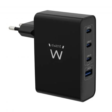 Ewent EW1330 Cargador GaN Universal de Pared 100W Ultrarapido - 3x USB-C PD 3.0 y 1x USB-A QC 3.0 - Color Negro