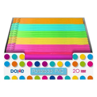 Dohe Expositor con 20 Portatodos Simples Planos - Fabricados en PVC de 280 Micras Transparente - Cierre de Cremallera - Colores Surtidos