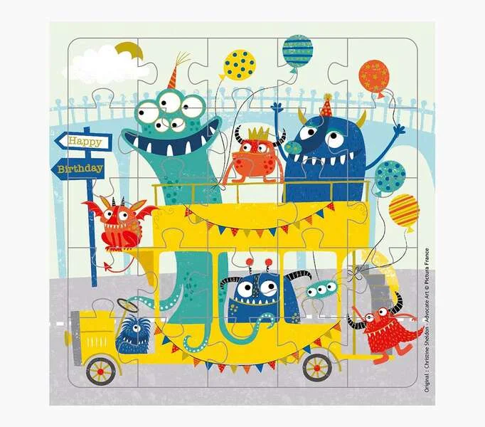 Pictura Tarjeta Puzzle Monstruos de 25 Piezas + Tarjeta Plegada - Troquelado - 15.5x15.5cm - Incluye Sobre Blanco y Envoltorio de Celofan - Papel con Certificacion FSC