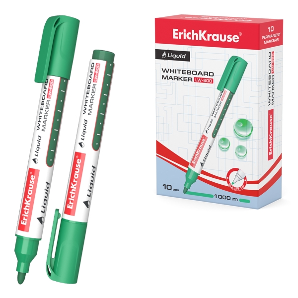 Erichkrause Liquid LW-600 Marcador de Pizarra Blanca - Tinta Liquida a Base de Alcohol - Punta en Forma de Bala - Ancho de Linea 2.5mm - Color Verde · Pack de 10 uds.