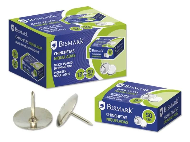 Bismark Caja de 50 Chinchetas Niqueladas - Planas - Resistencia Alta - Acabado Brillante - Color Plata