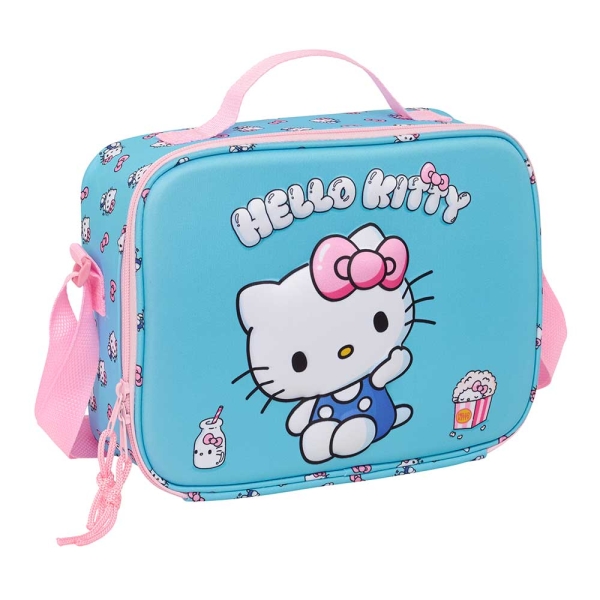 Safta Hello Kitty Bolsa Isotermica Porta Alimentos - Frontal 3D - Cremallera - Bandolera Ajustable - Asa de Mano - 25x19.5x9cm - Color Azul Claro