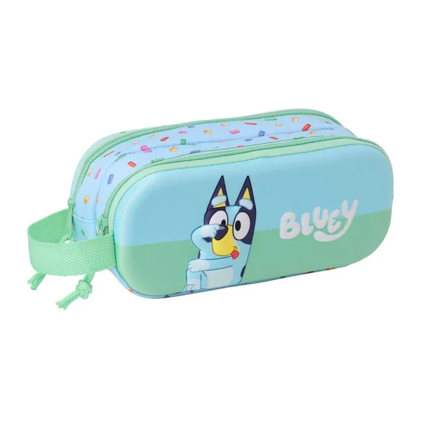 Safta Bluey Estuche Portatodo 3D de 1L - 2 Compartimentos - Cierre de Cremallera - Asa de Mano - 21x8x6cm - Color Azul Claro