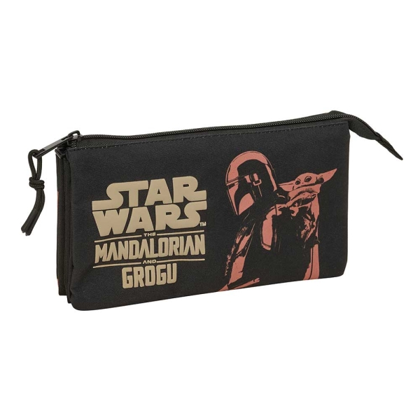 Safta Mandalorian and Grogu Portatodo - 3 Compartimentos con Cremallera - Bolsillo Interior Central - 22x12x3cm - Color Negro