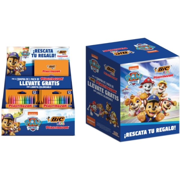 Bic Kids Plastidecor Patrulla Canina Expositor con 24 Packs de 12 Lapices de Cera + 24 Cuadernos de Colorear de la Patrulla Canina Gratis - Facil de Sacar Punta - No Mancha - Colores Surtido