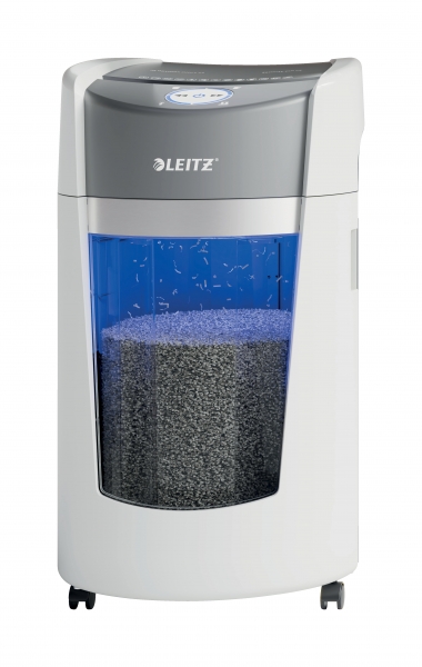 Leitz IQ OptiMax Office 550 Destructora de Papel Manual DIN P5 - Destruye hasta 10 Hojas - Tiempo de Funcionamiento Continuo 120m - Papelera de 35L con Tecnologia de Giro - Color Blanco/Gris