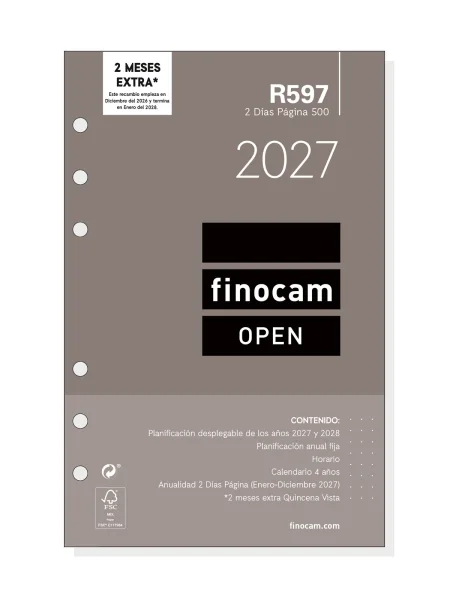 Finocam R597 Recambio para Agenda Open - Anual 2027 - 2 Dias por Pagina - Formato 500 - 117x181mm - 6 Taladros - Papel de 80g/m2 - Color Blanco