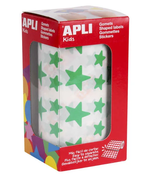 Apli Gomets Estrella Verde - 12.5mm y 19.5mm - Adhesivo Permanente - 2360 Gomets por Rollo - Ideal para Escuelas y Talleres Infantiles