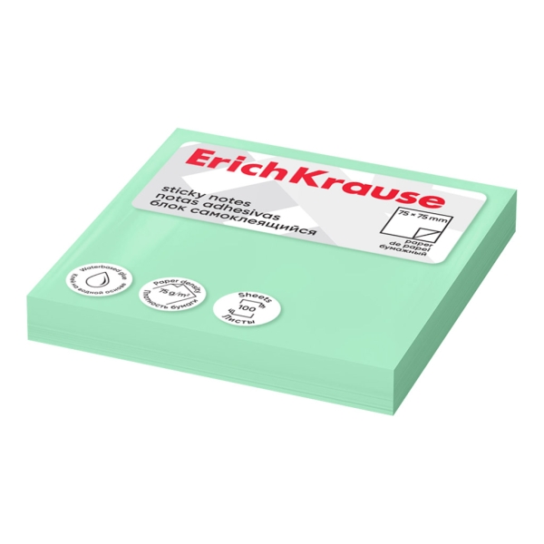 ErichKrause Bloc de 100 Notas Adhesivas Reposicionables - Papel de 75g/m2 - 75x75mm - Pegamento a Base de Agua - Color Verde · Pack de 12 uds.