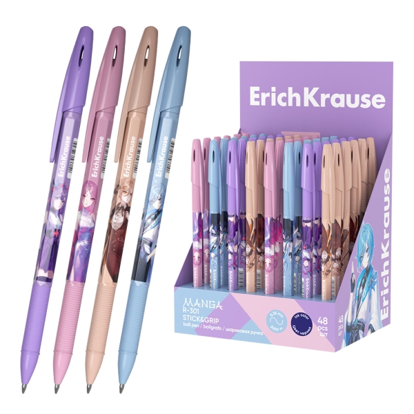 ErichKrause R-301 Stick and Grip Manga Expositor con 48 Boligrafos con Capuchon - Modelos Surtidos - Trazo 0.35mm - Zona de Agarre de Goma - Tinta de Secado Rapido - Tapa Ventilada - Color Azul