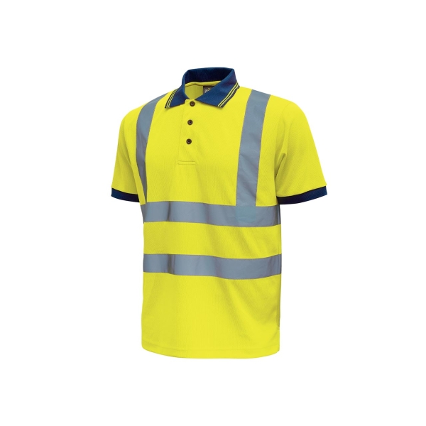 Upower Neon Polo de Manga Corta con Detalles Reflectantes - Talla 2XL - Cuello Tres Botones, Banda para el Sudor, Ventilaciones Laterales, Proteccion DPI2, Transpirable - Color Amarillo Fluo