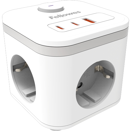 Fellowes Cubo Multienchufes de Sobremesa con 3 Tomas 230V + 2x USB-C 20W max. - 1x USB-A 18W max. - Cable de 2m - Interruptor On/Off - Color Blanco