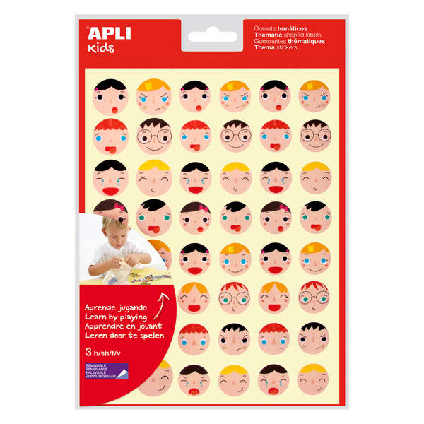 Apli Gomets Emociones - Ø 23 mm y Ø 20 mm - 144 Gomets por Bolsa - 16 Diseños Diferentes - Adhesivo Removible - Ayuda a Expresar Emociones - Adhesivo Base Agua - Libre de Disolventes - Color