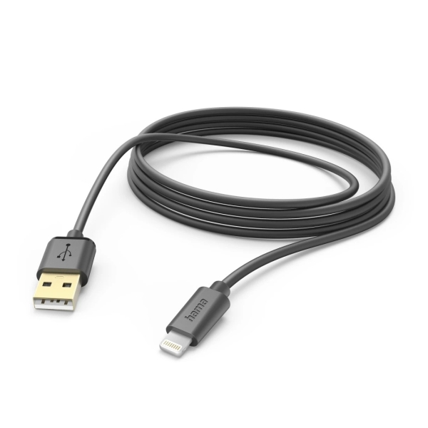 Hama Cable de Carga - USB-A Macho - Lightning - Longitud 1.5m - Velocidad hasta 480Mbps - Chapado en Oro - Color Negro