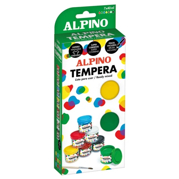 Alpino Pack con 7 Botes de Tempera 40ml + Pincel - Supercubriente y Lavable - Colores Surtidos