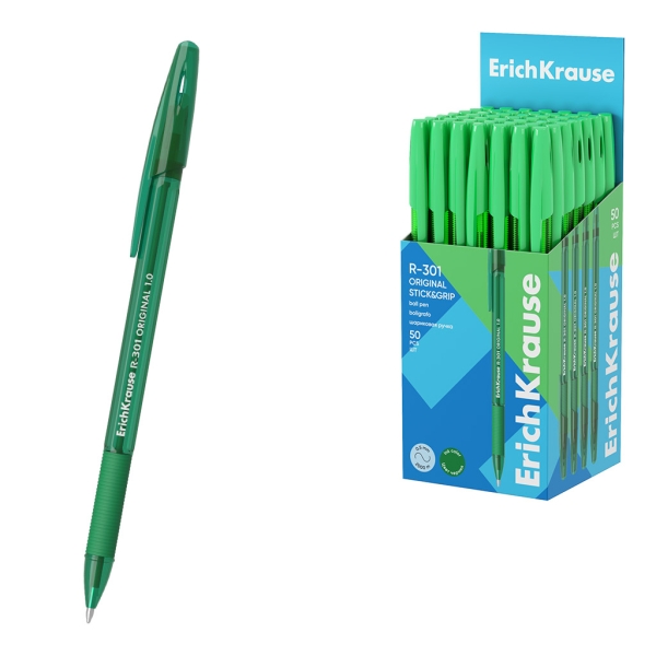 ErichKrause R-301 Stick and Grip Original Boligrafo con Capuchon - Punta de 1.0mm - Cuerpo Transparente - Trazo 0.5mm - Zona de Agarre de Goma - Tinta de Secado Rapido - Tapa Ventilada - Color Verde · Pack de 50 uds.