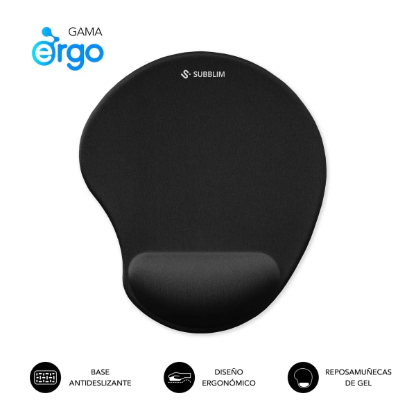Subblim Ergo Neogel Alfombrilla Ergonomica para Raton - Espuma Elastica - Microtexturizada Impermeable - Base Antideslizante - Color Negro