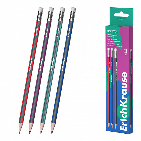 Erichkrause Sonata Lapiz de Grafito HB Triangular con Goma de Borrar - Facil Afilado - No Araña el Papel - Madera Seleccionada - Resistente al Impacto - Cuerpo de Colores Surtidos · Pack de 12 uds.