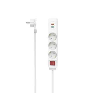 Hama Regleta Alimentacion con 5 Tomas - Potencia Maxima 3680W - Cable 1.4m - 3x Schuko - 1x USB-C - 1x USB-A - Interruptor de Encendido - Enchufe Schuko en Angulo - 4.2x4x23.7cm - Color Blan