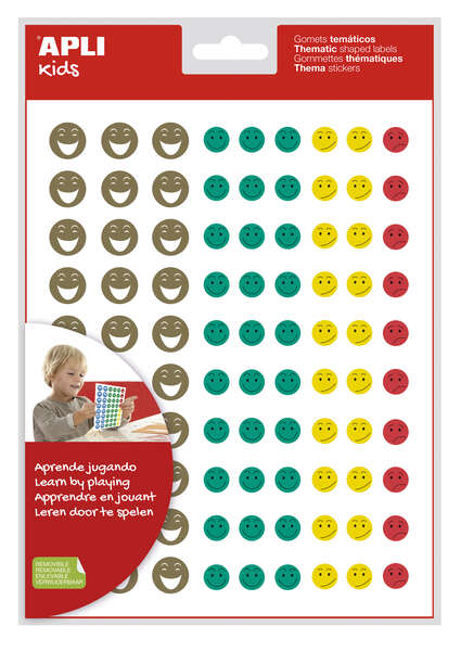 Apli Gomets Cara Feliz Mini - 4 Estilos de Cara Diferentes - 1080 Gomets por Bolsa - Adhesivo Removible - Motiva y Premia a los Niños - Normas de Calidad y Seguridad Cumplidas - Colorido · P