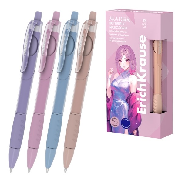 ErichKrause Butterfly Matic and Grip Manga Boligrafo Retractil - Modelos Surtidos - Trazo 0.28mm - Zona de Agarre de Goma - Color Azul · Pack de 12 uds.