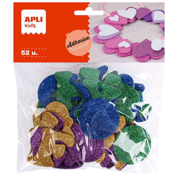 Apli Formas Goma Eva Adhesivas Letras Purpurina Metalizada 52 U - Decoracion con Brillo - Faciles de Pegar - Variedad de Formas y Letras · Pack de 5 uds.
