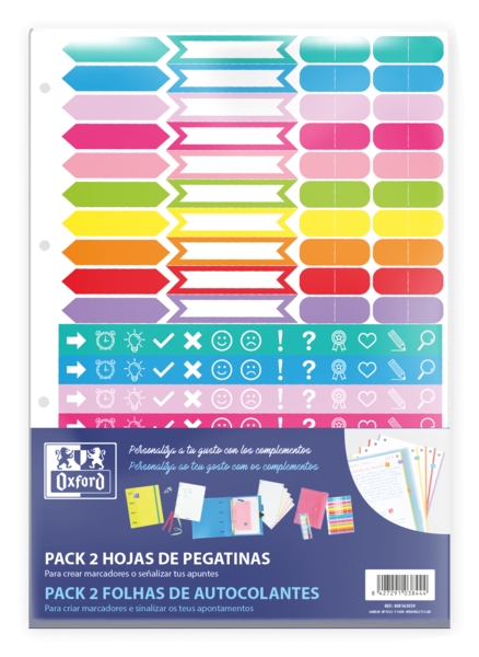 Oxford Pack de 2 Hojas de Stickers - Diseño Variado - Adhesivo de Alta Calidad - Ideal para Decorar Cuadernos · Pack de 10 uds.