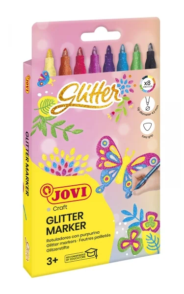 Jovi Glitter Marker Caja con 8 Rotuladores Efecto Purpurina - Tinta Base Agua - Grip Triangular Ergonomico - Punta Resistente - Tapon de Seguridad - Trazo Homogeneo - Color Surtido