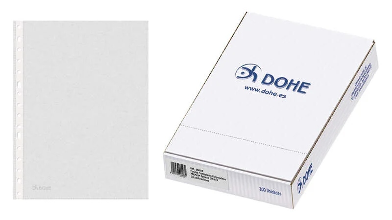 Dohe Caja de 100 Fundas Multitaladro Premium 80 Micras A4 - 16 Perforaciones - Polipropileno Rugoso - Transparentes