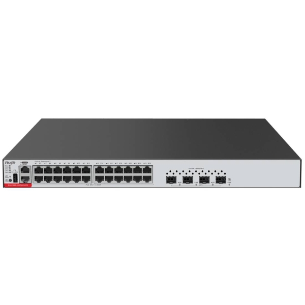 Ruijie RG-CS83-24GT4XS Switch - 24 Puertos Ethernet hasta 1Gbps - 4x SFP+ hasta 10Gbps - Fuente de Alimentacion Fija - Color Negro y Gris