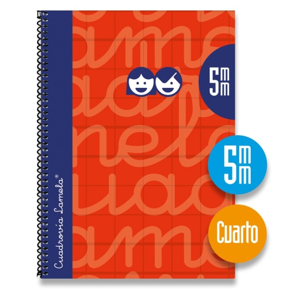 Lamela Cuaderno Espiral con 80 Hojas de 70g/m2 con Margen - Formato Cuarto - Pauta Cuadrovia de 5mm - Cubierta Extra Dura - Papel Offset Blanco Extra - Color Rojo