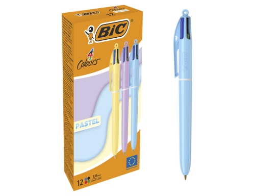Bic 4 Colours Pastel Boligrafo de Bola Retractil - Punta Media de 1.0mm - Tinta con Base de Aceite - Cuerpo en Colores Pastel - 4 Colores · Pack de 12 uds.