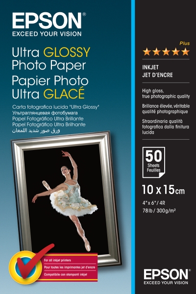 Epson Ultra Glossy Photo Pack de 50 Hojas de Papel Fotografico - 10x15cm - Gramaje de 300g/m2 - Acabado Brillante - Compatible con Impresoras Inkjet - Color Blanco