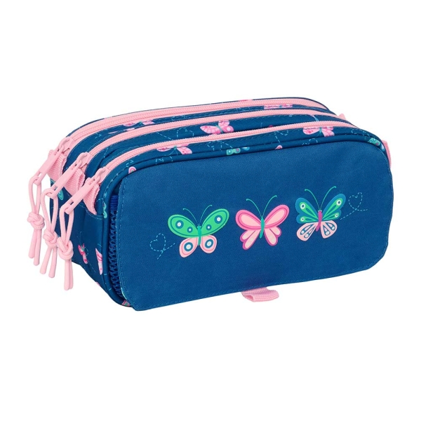 Safta Blackfit8 Mariposas Portatodo - 3 Compartimentos con Cremalleras - Bolsillo Frontal - Cinta Adaptable - 1.72L - 215x80x100mm - Color Azul Marino