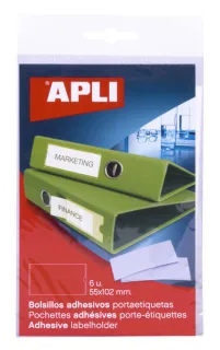 Apli Bolsillos Adhesivos para Etiquetas - 55 x 102mm - Cambia la Informacion de la Etiqueta Segun tus Necesidades - Contiene 6 Bolsillos por Bolsa