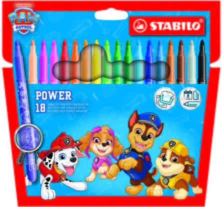 Stabilo Power Patrulla Canina Pack con 18 Rotuladores con Diseños de la Patrulla Canina - Punta Media de 2mm - Tinta Lavable - Capuchon Ventilado - Colores Surtidos