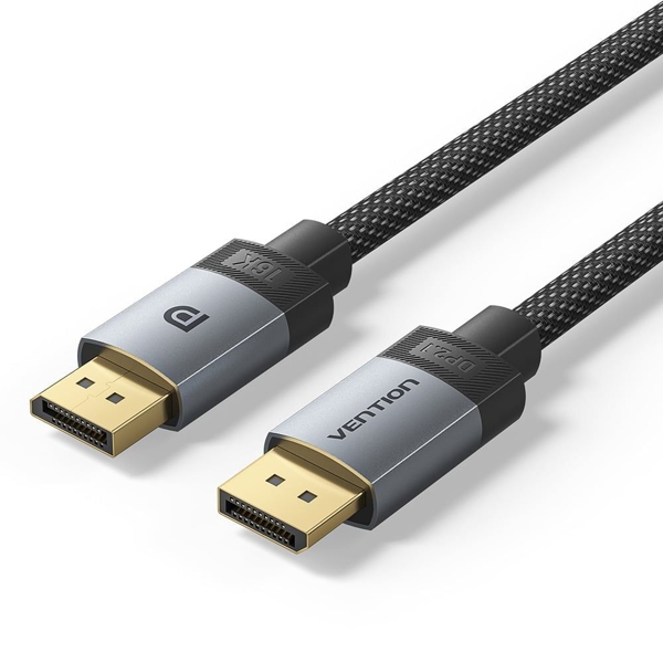 Vention Cable Displayport 2.1 16K - Longitud 2m - Revestimiento Trenzado de Algodon - Conectores Chapados en Oro - Color Gris