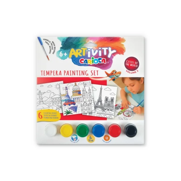 Carioca Artivity Cities of the World Vol. 2 Pack con 6 Laminas para Pintar + 6 Botes de Tempera + Pincel
